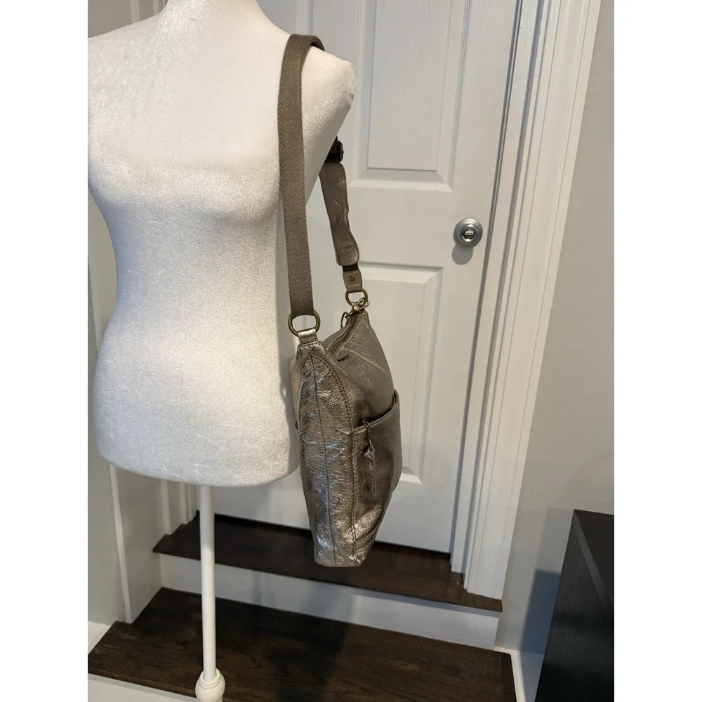 The Sak Metallic Pewter Leather Crossbody Bag Boho Charm Antiqued Brass Hardware